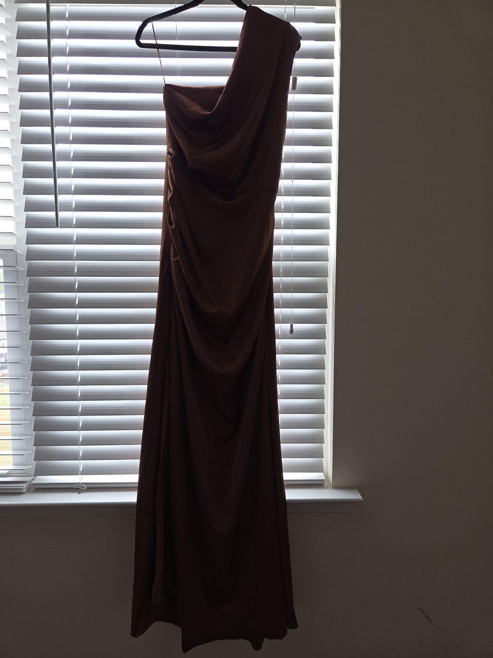 Fashion Nova Satin One-Shoulder Maxi Gown in Chestnut Brown